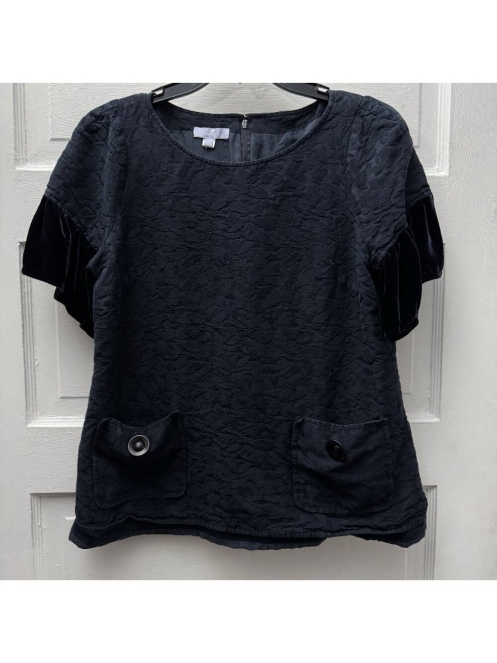 Vera Wang Lavender Label Silk Blend Textured Top Navy Velvet Sleeve Blouse 12